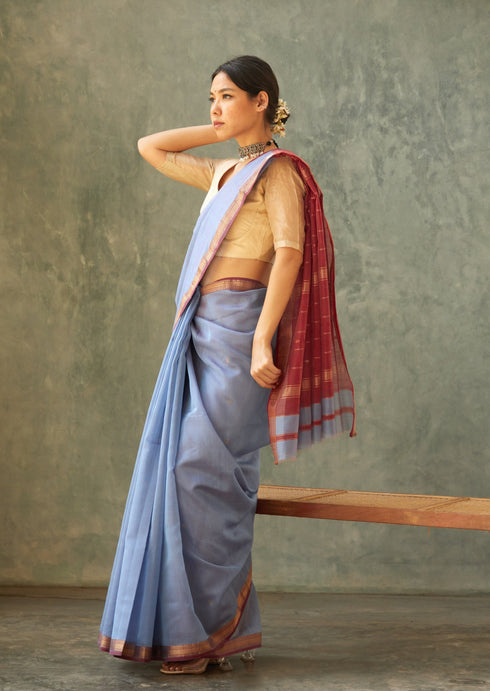 Handwoven Blue & Gold Maheshwari Cotton Silk Saree